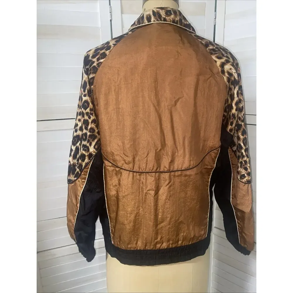80s Wind Breaker Black and Brown Cheetah Pattern Metallic Gold Trim Small/Medium - Picture 5 of 9